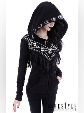 Restyle XS Black moon phases Gothic Hooded Fringe Zip-Up Top